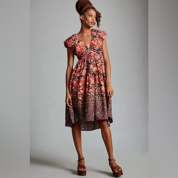 Anthropologie Printed V-Neck Babydoll Dress - Picture 1 of 4